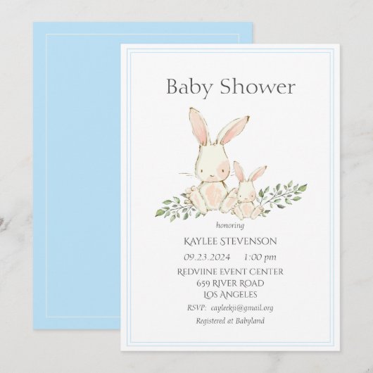Bunny Rabbits Blue Modern Baby shower Invitation Kaart (Voorkant / Achterkant)