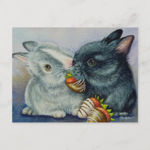 Bunny Rabbits & Dipped Strawberries Waterverf Art Briefkaart