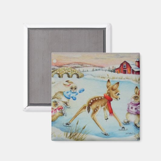Bunny Rabbits & Fawn Ice Skating Waterverf Art Magneet (Voorkant / Achterkant)