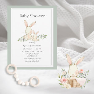 Bunny Rabbits Green Modern Baby shower Invitation Kaart
