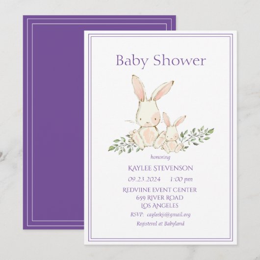 Bunny Rabbits Paarse Modern Baby shower Kaart (Voorkant / Achterkant)
