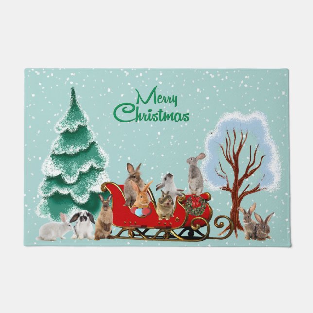 Bunny Rabbits Santa Sled Holiday Doormat Deurmat (Voorkant)