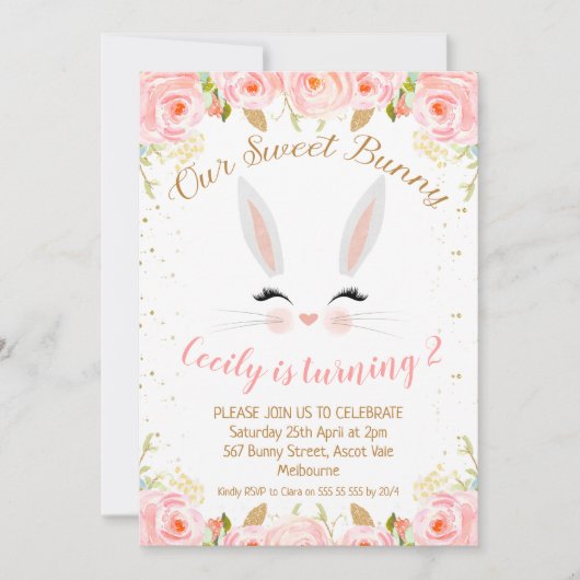 Bunny rose Floral Visage Anniversaire Invitation (Devant)