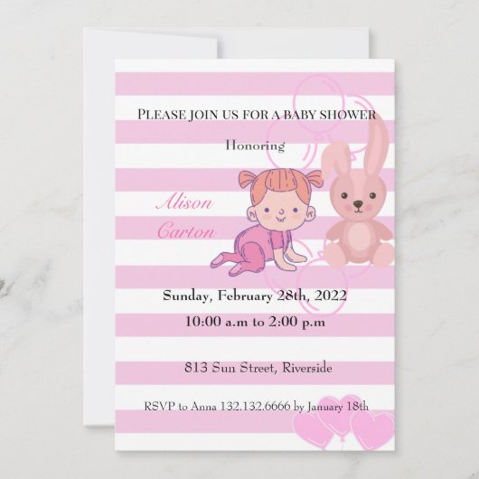 Bunny rose rayures fille invitation baby shower (Devant)