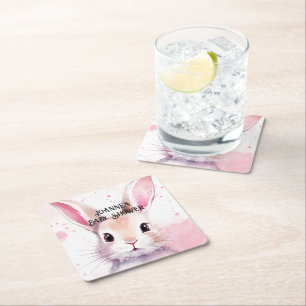 Bunny Schattige Waterverf Roze baby shower Vierkante Kartonnen Onderzetter