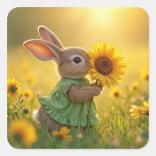 Bunny Snuffelen Een Gele Zonnebloem Vierkante Sticker