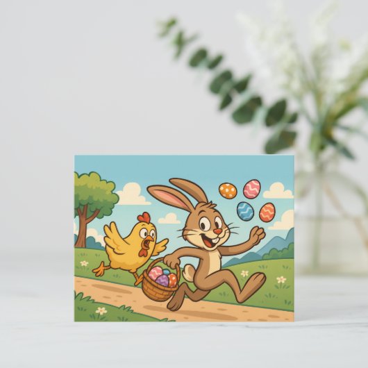Bunny steelt eieren van Chicken Funny Easter Desig Feestdagenkaart (Staand voorkant)