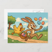 Bunny steelt eieren van Chicken Funny Easter Desig Feestdagenkaart (Voorkant / Achterkant)