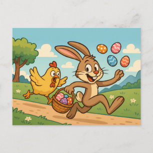 Bunny steelt eieren van Chicken Funny Easter Desig Feestdagenkaart