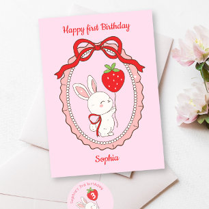Bunny Strawberry Balloon Happy Birthday Kaart