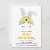 Bunny Sunflower Girl First Birthday Kaart (Voorkant)