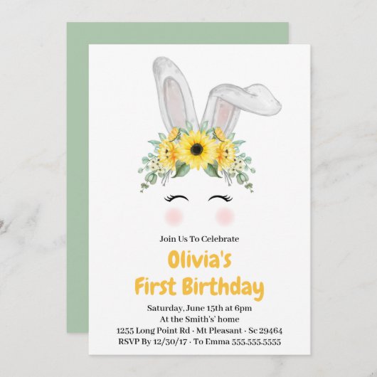 Bunny Sunflower Girl First Birthday Kaart (Voorkant / Achterkant)
