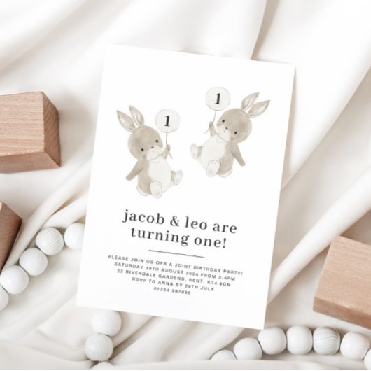 Bunny Twin Boys First Birthday Invitation