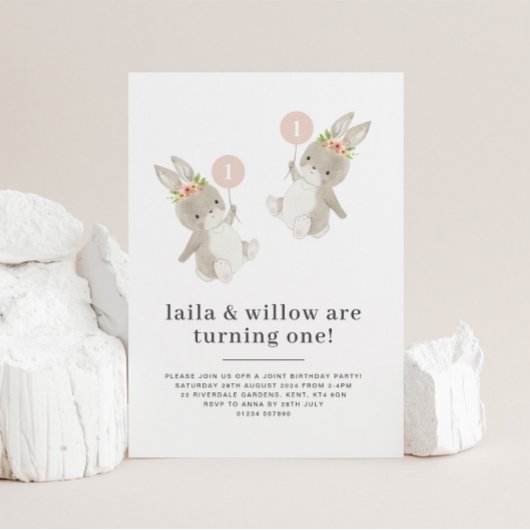 Bunny Twin Girls First Birthday Invitation