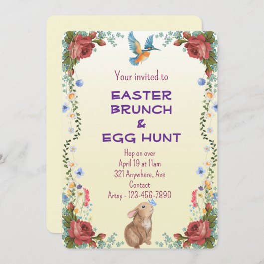 Bunny, vlinder, vogel & rode rozen kaart (Voorkant / Achterkant)