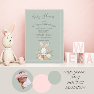 Bunny Waterverf Floral Green Girl Baby shower Kaart
