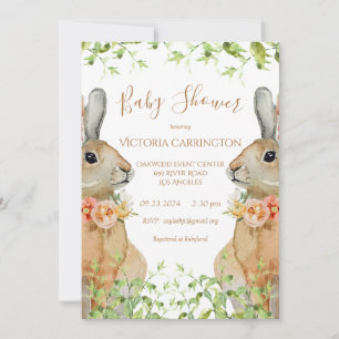 Bunny Waterverf Floral Pink Girl Baby shower Invi Kaart