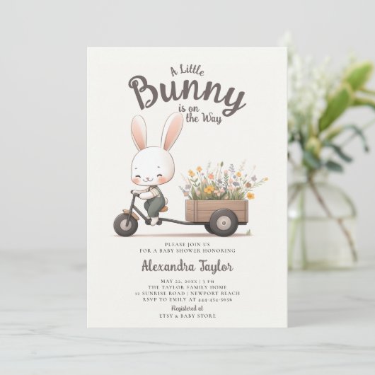 Bunny Wildflower Wagon Bruin Sage Baby Jongen Douc Kaart (Staand voorkant)