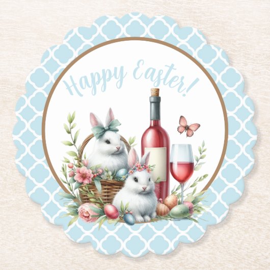 Bunny & Wine Waterverf Papier Onderzetter (Voorkant)