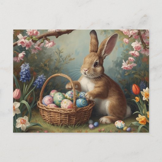 Bunny with Easter Egg Basket and Spring Garden  Feestdagenkaart (Voorkant)