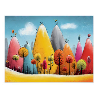 bunte Fantasie Landschaft - Berge und Bäume Perfect Poster