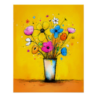 Bunter Blumenstrauß in Vase - Pop Art Cartoon Stil Perfect Poster