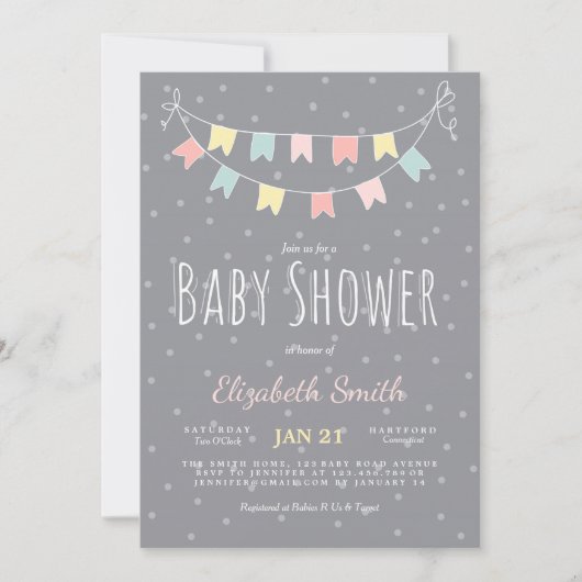 Buntings Baby shower Invitation Gris Pink Mint (Devant)
