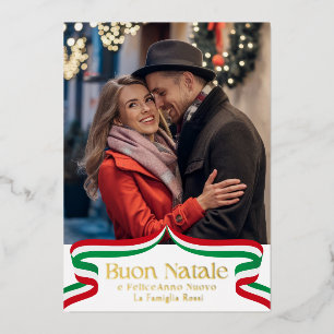 Buon Natale Italiaans Rood Groen Lint Foto Folie Feestdagenkaart