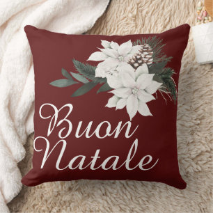 Buon Natale Italiaanse Kerst Bloemen op Donkerrood Kussen