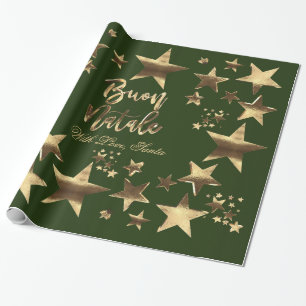 Buon Natale Stars Green Gold Script Kerstmis Cadeaupapier