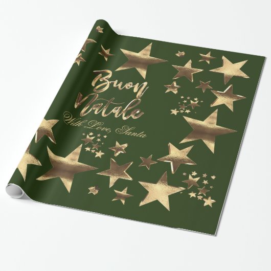 Buon Natale Stars Groen Goud Script Kerstmis Cadeaupapier (Uitgerold)