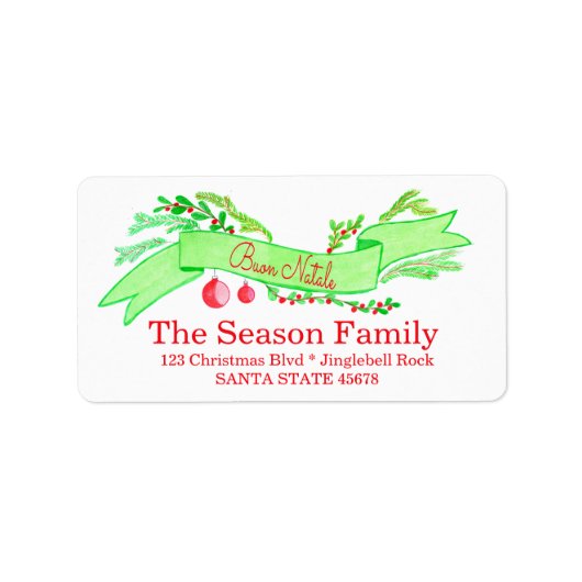 Buon Natale, waterverf kerstbanner Etiket (Voorkant)