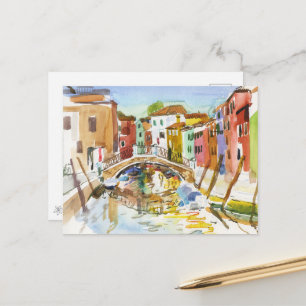 Burano Kanaal Brug Watercolor Reflecties Briefkaart