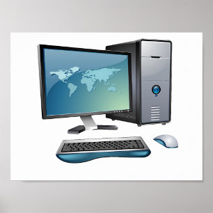 Bureaubladcomputer met monitor, toetsenbord en mui poster