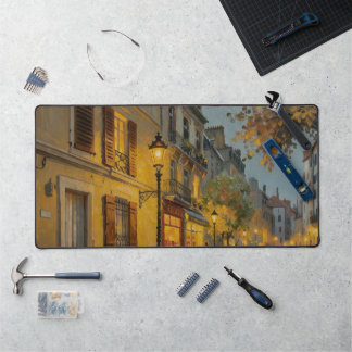 Bureaumat met olieverfschilderij van een straat in