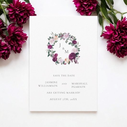 Burgandy florals elegant opslaan van de datum kaart