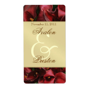 Burgandy Rode Cali Lilies Gouden Wijn Trouwlabel Etiket