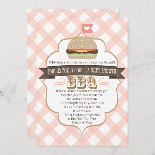 Burger rose Couples BBQ Invitations De Douche Bébé (Devant / Derrière)