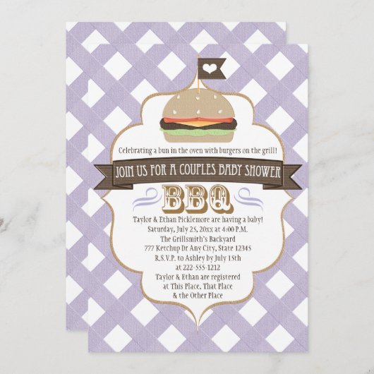 Burger violet Couples BBQ Bébé Invitations de douc (Devant / Derrière)