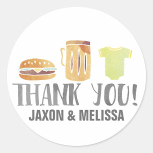 Burgers, bier en baby's bedankt ronde sticker