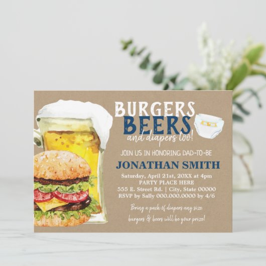 Burgers, biertjes en luiers ook: een babyshower vo kaart (Staand voorkant)