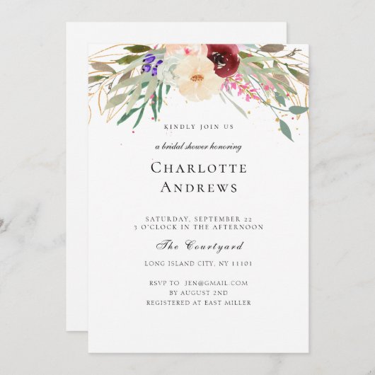 Burgund, Blush, Groene Bloem Vrijgezellenfeest Kaart (Voorkant / Achterkant)