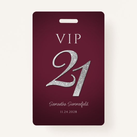 Burgundy 21st Birthday Silver Glitter VIP Badge (Voorkant)