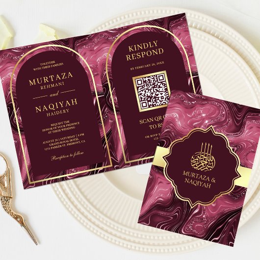 Burgundy Agate Marmer QR Code Moslim Huwelijk