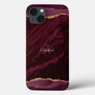 Burgundy Agate Waterverf Gouden Monogram iPhone 13 Hoesje
