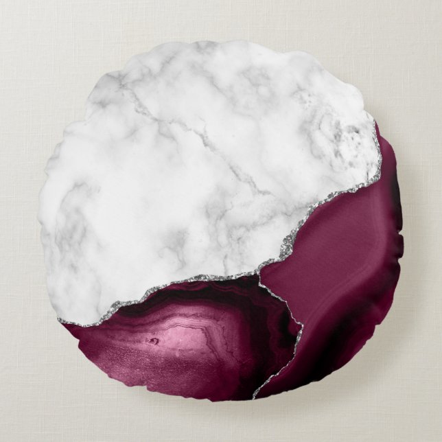 Burgundy Agate White Marble Silver Glitter Rond Kussen (Voorkant)