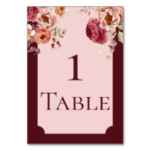 Burgundy and Blush Pink Floral Table Number Card