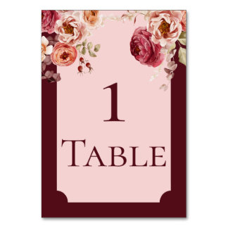 Burgundy and Blush Pink Floral Table Number Card Kaart