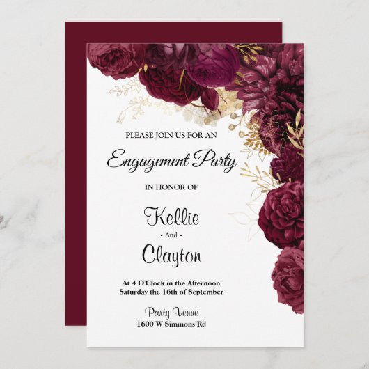 Burgundy and Gold Floral Engagement Party Kaart (Voorkant / Achterkant)