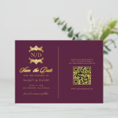 Burgundy And Gold Monogram Qr Code Wedding Save The Date (Staand voorkant)